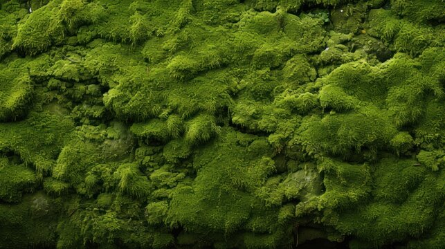 A close up of a green moss covered wall surface.