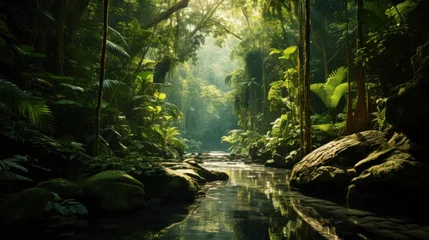 Fotobehang Lush green forest, tropical rainforest, tranquil scene, mysterious © sirisakboakaew