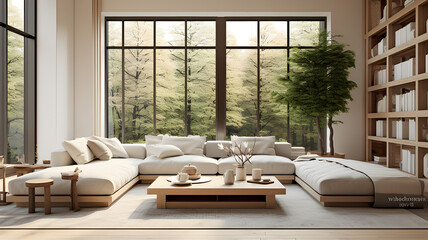 a modern living room with big windows and white furniture, in the style of traditional Japanese, high quality photo, primitive simplicity, eco-friendly craftsmanship, light brown and gray