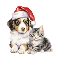 Puppy of australian shepherd and cat in a red Santa Claus hat isolated on transparent background.