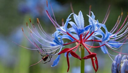 Blue and red spider lily flower macro