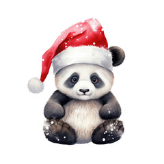 Watercolor Cute panda in a Santa Claus hat isolated on transparent background.