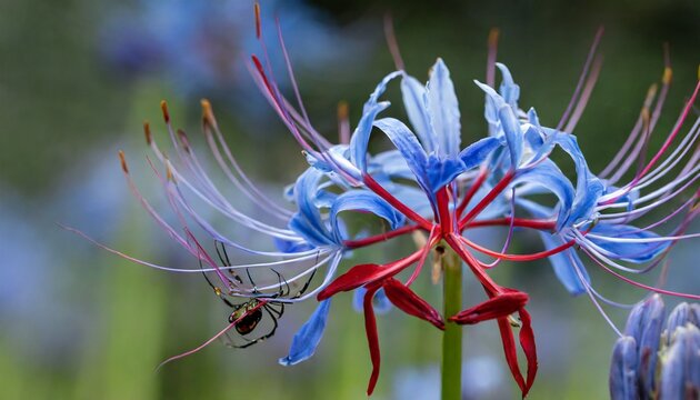 Blue and red spider lily flower macro