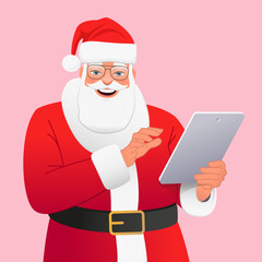 Happy Santa Claus in glasses and a red hat stands with a tablet in his hand. Cartoon Santa makes a list of gifts on a personal computer. New Year's concept.