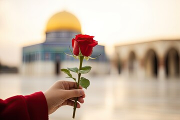 female hand holding a red rose in front of blurred al aqsa mosque, peace concept