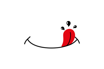 Tongue with drool. Logo for tasty eat. Character of hungry and pleasure. Black cartoon emoji on...
