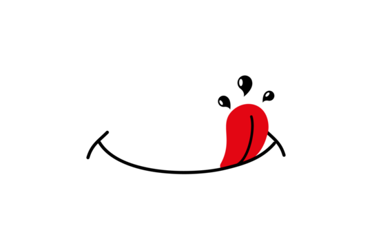 Tongue with drool. Logo for tasty eat. Character of hungry and pleasure. Black cartoon emoji on white background. Doodle avatar of delicious food. Mouth with saliva for enjoy. 