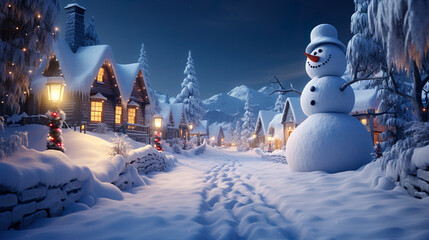 可愛い雪だるまと夜の町の3Dイラスト - obrazy, fototapety, plakaty