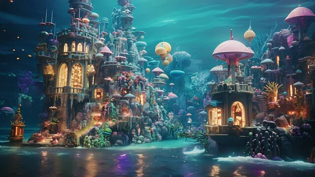 Closeup of a bustling Christmas market in the magical city of Atlantis, with mermaids selling coral ornaments and sea creatures playing festive music on underwater instruments. The citys