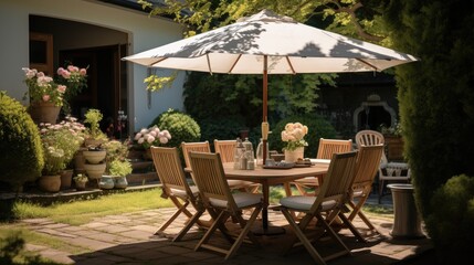 Table and umbrella in the house's garden.