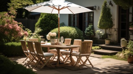 A table with chairs and an umbrella set up in the house's garden. During the summer or spring season.