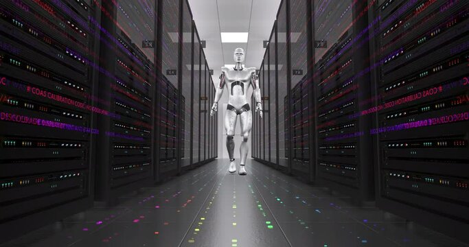 AI Robot Checking Servers In A Futuristic Data Center. Technology Related 3D Animation.