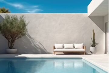 A pool backyard with a light concrete wall, Daylight.