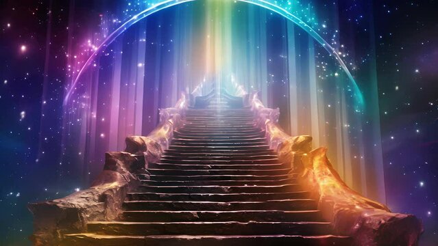 Closeup of a majestic staircase with steps made of shimmering stars and handrails forged out of rainbows. The steps lead up to a magnificent gate of pure light that seems to open up into