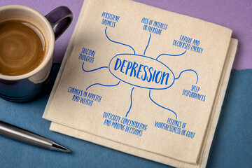 depression infographics or mind map sketch on a napkin, mental health concept