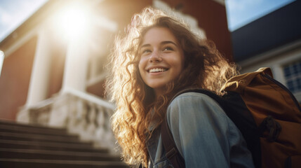 Happy, woman or student portrait smiling wearing a backpack, at university, college or school. Confident, happy, and motivated youth female for education, learning and higher education - obrazy, fototapety, plakaty