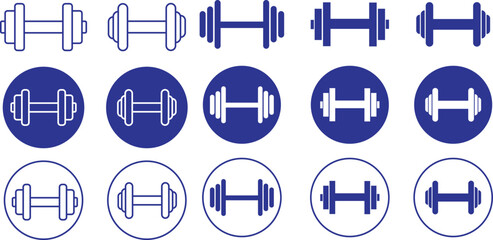 Set of Dumbbells icons in Blue flat style. Gym heavy strength training dumbbells pictogram. Weight lifting dumbbell signs editable stock. Dumbbells for sports halls isolated on transparent background.