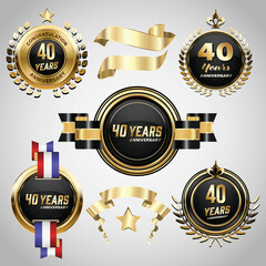 40 years anniversary logo with golden ribbon. Set of Vintage Anniversary Badges Celebration