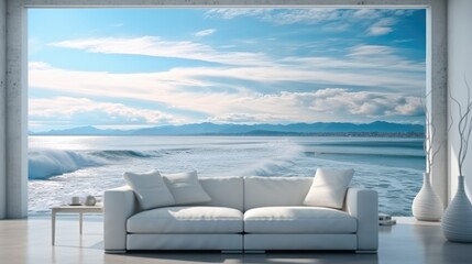 Modern white living room facing the sea.