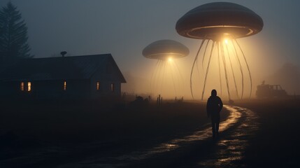 Giant aliens attacking a foggy farm at dusk.