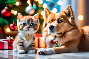 Fototapeta na wymiar A cute cat and dog in a living room with a Christmas tree and decorations.Generative AI