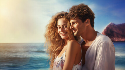 Obraz premium Portrait of a young couple enjoying on beautiful beach
