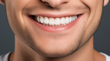 Young man with perfect healthy pearly white teeth smile. 