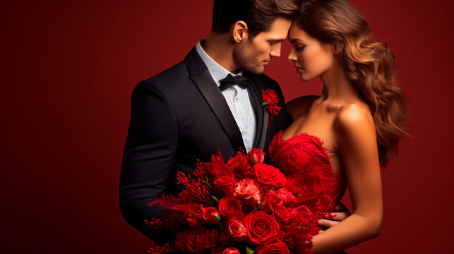 Pareja celebrando el d&iacute;a de San Valent&iacute;n con un ramo de rosas, vestidos elegante con un fondo rojo 