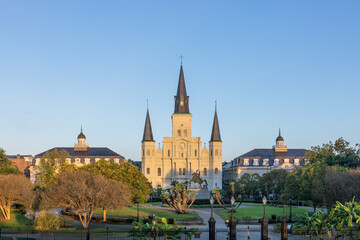 scenic early morning view to St. Louis cathedral at Jackson square in New Orleans, USA - obrazy, fototapety, plakaty
