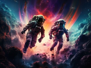 Space explorers in futuristic space suits navigating the vibrant expanse of the solar system, venturing into the great unknown.