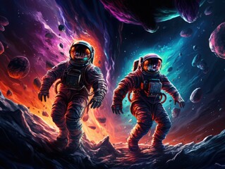 Fototapeta na wymiar Space explorers in futuristic space suits navigating the vibrant expanse of the solar system, venturing into the great unknown.