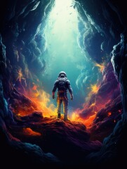 Space explorers in futuristic space suits navigating the vibrant expanse of the solar system, venturing into the great unknown.