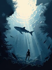 "Exploring the Depths: A Dynamic Cartoon Depiction of a Scuba Diver's Silhouette Swimming" (with 249 letters)