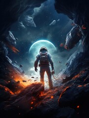 Space explorers in futuristic space suits navigating the vibrant expanse of the solar system, venturing into the great unknown.