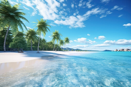 Let the beauty of this tropical oasis captivate you, where palm trees and clear waters paint a picture of pure relaxation. AI Generative paradise.