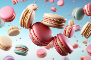 Colorful macarons flying on the air with among the crumbs isolated on blue background