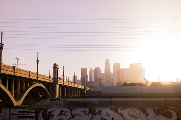 railway bridge at sunset in Los Angeles 