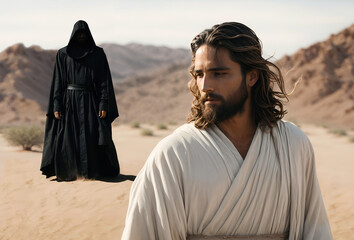 The Devil tempted and tested Jesus in the desert. Biblical scene concept. - obrazy, fototapety, plakaty