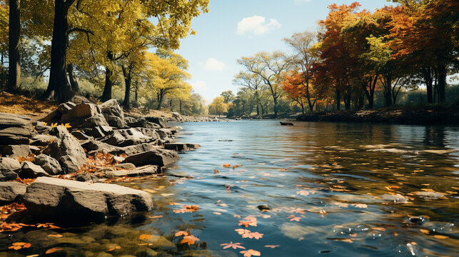 autumn leaves on the river HD 8K wallpaper Stock Photographic Image