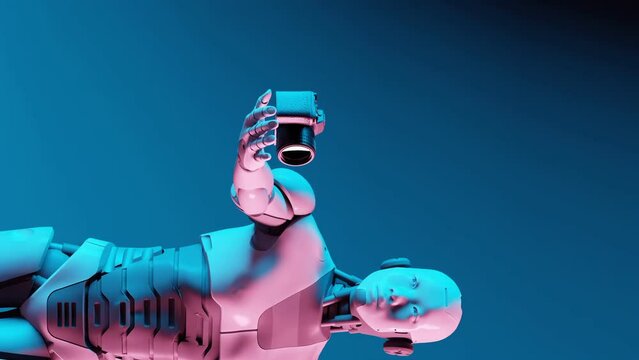 3D Robot Holding Mirrorless Camera, Mirrorless Camera Floating and Rotating, Cinematic Orange and Teal Lighting, 3D Render, Vertical