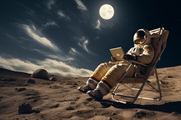 Astronaut humor, A spaceman sits in a beach chair on the Moon's surface, searching for wifi using a mobile phone. AI Generative.