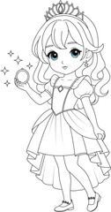 Coloring page of a cute princess for kids. Flat vector outline for kids coloring book