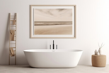 Fototapeta na wymiar Contemporary bathroom design, A white bathtub complements the beauty of lush plants. Interior fashion is AI Generative.