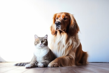 A purebred dog and a cute kitten sit harmoniously indoors, their love and companionship evident in this heartwarming portrait. Furry friends in perfect harmony is AI Generative.