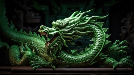 Obraz premium A Powerful green carved wooden dragon terrifying Chinese wood carving art Chinese New Year 2024 concept New Year greeting card background.