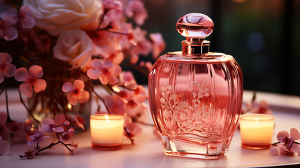 Obraz na płótnie Canvas Flowers and bottle perfume are classic symbols, Valentine's Day. 