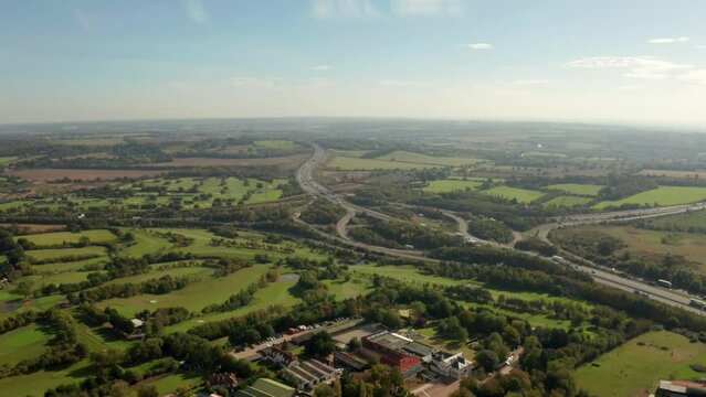 Aerial shot towards M25 M11 motorway interchange