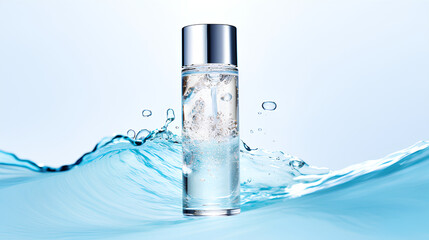 A glass cosmetic jar with a moisturizing cream for the face against the background of water. The layout of an eco-cosmetic product.