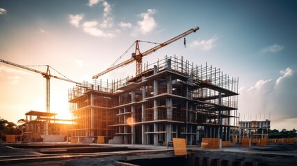 Construction background: A Construction site of large residential commercial building, some already built, large metal structure with bright sky background. - Powered by Adobe