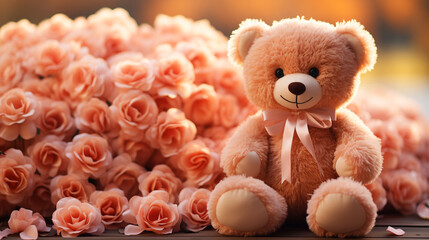 Cute pink teddy bear with flowers as a gift for Valentine's Day.	

